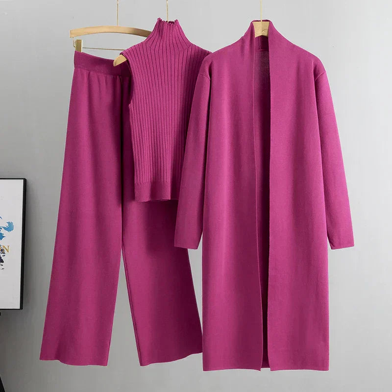 Ensemble Cardigan Trois Pièces Pour Femmes Jessica Pantalon À Jambe Large Et Haut Sans Manches Côtelé