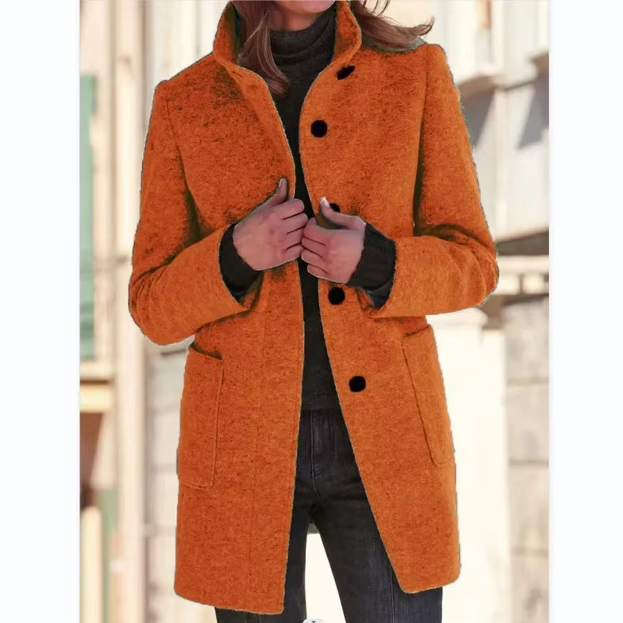 Manteau En Coton Pour Femme Printemps 2025 Noir Col Debout Décontracté Manches Longues Poches Boutonées