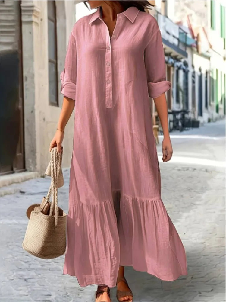 Robe Maxi Chemise Laura à Plis en Coton 100 pour Femme Amawinc Respirante et Polyvalente du Quotidien aux Occasions