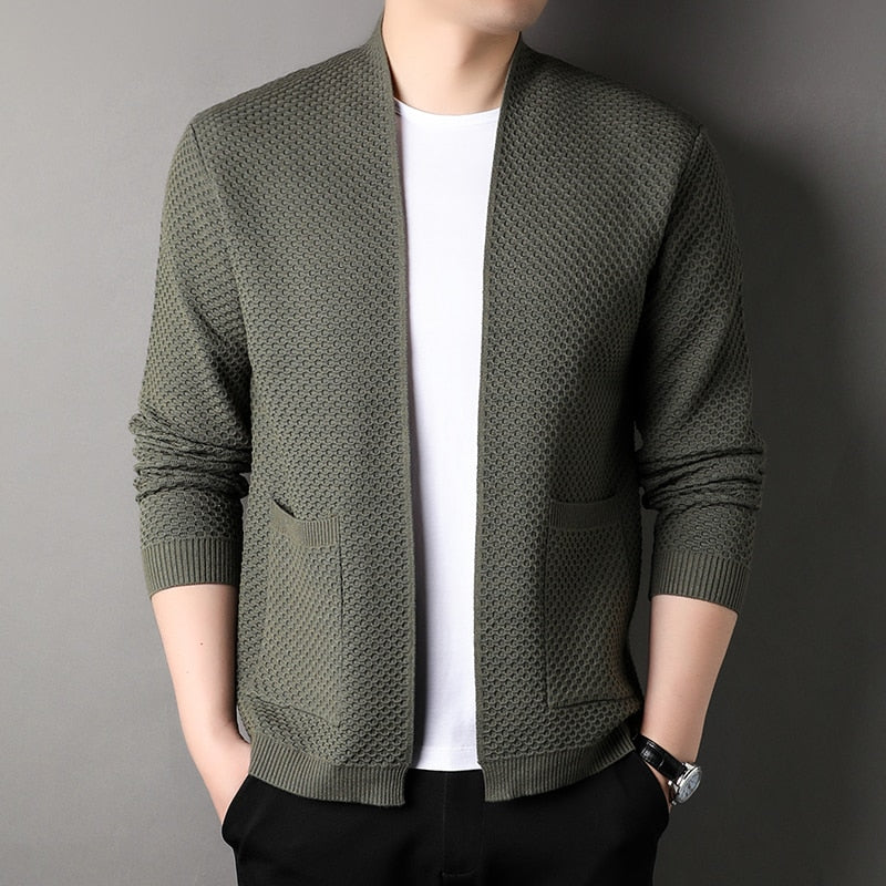 Cardigan Tricoté Homme Slim Fit Avec Poches Par Amawinc Tricot Texturé Léger Beige