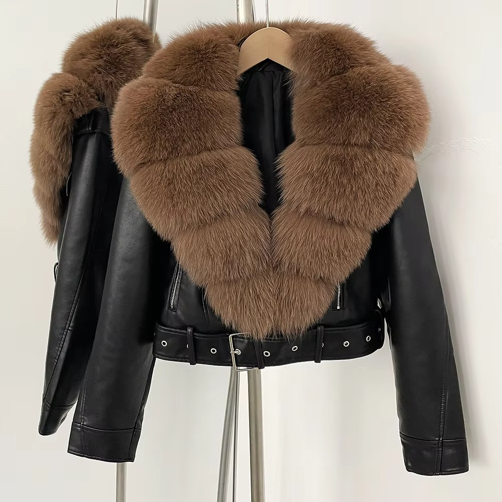 Manteau Femme en Cuir Synthétique avec Col en Fourrure Fausse Élégante Chaleur pour la Saison Froide