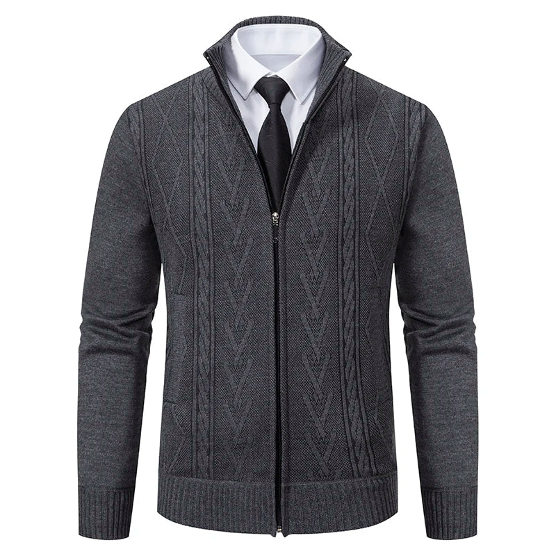 Cardigan Homme Slim Fit En Laine Mélangée Zip Complet Col Montant Tricot À Câble Essentiel Pour La Superposition