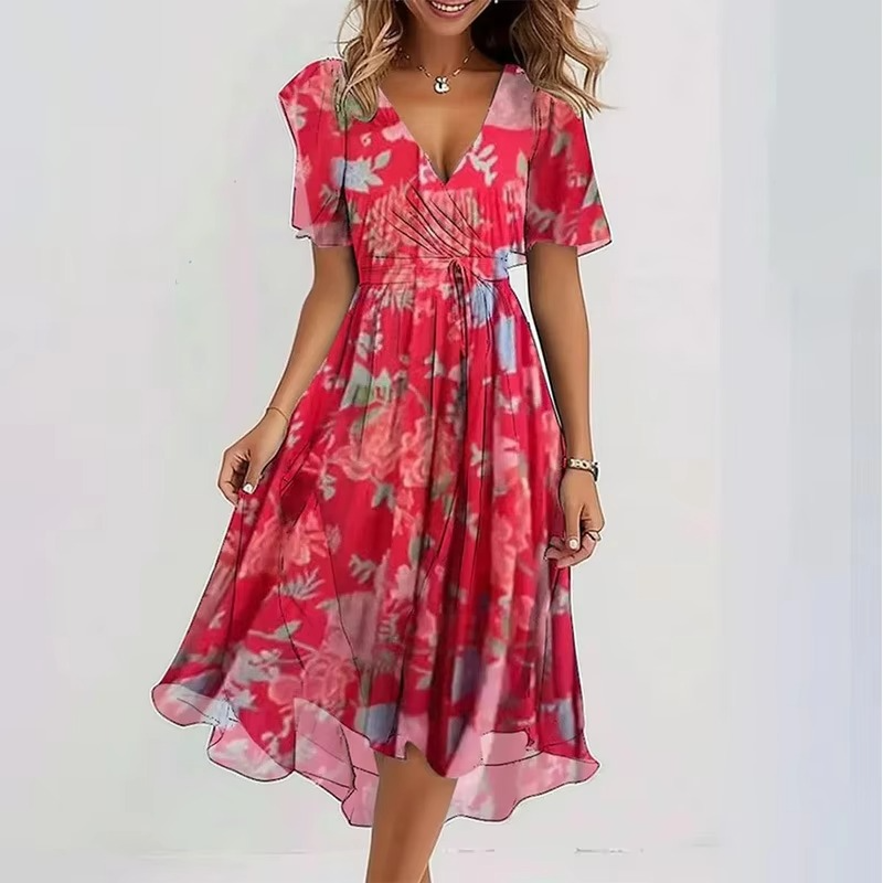 Robe Été Décontractée À Encolure V Imprimé Floral Ample Pour Femme Manches Courtes Confortable Et Respirante