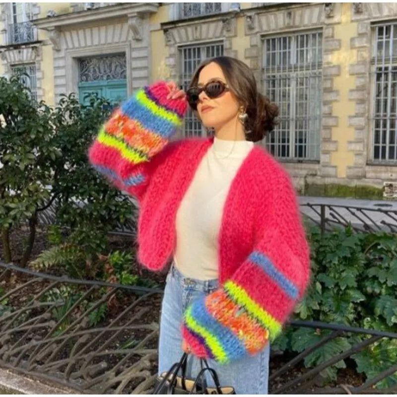 Cardigan En Maille Pour Femme Hiver Décontracté À Rayures Colorées Avec Manches Longues Confortable