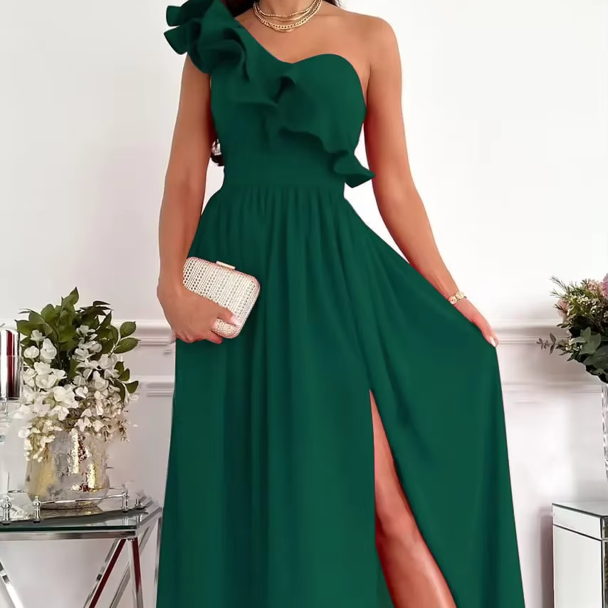 Robe Maxi À Une Épaule Avec Bordure À Volants Et Fente Latérale Élégante Pour Événements Amawinc