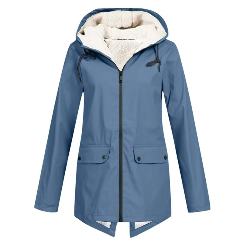Veste Trench Imperméable À Capuche Doublée Velours Pour Automne Et Hiver Pour Femmes