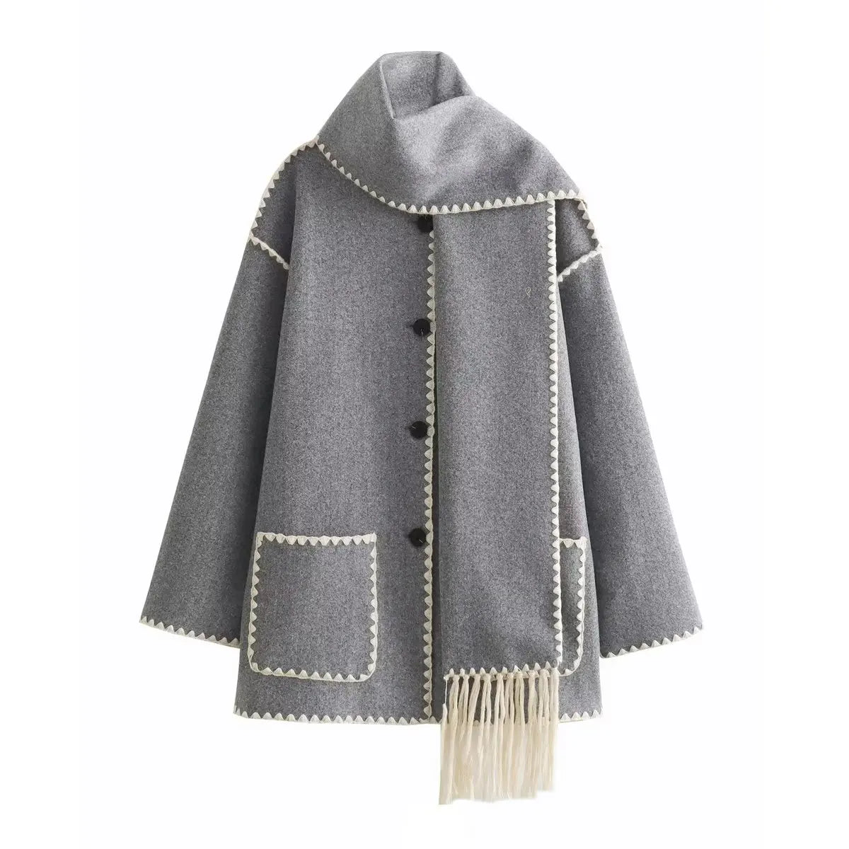 Calorin Manteau Français En Laine Mélangée Chaud Avec Écharpe Intégrée Et Surpiqûres Contrastées