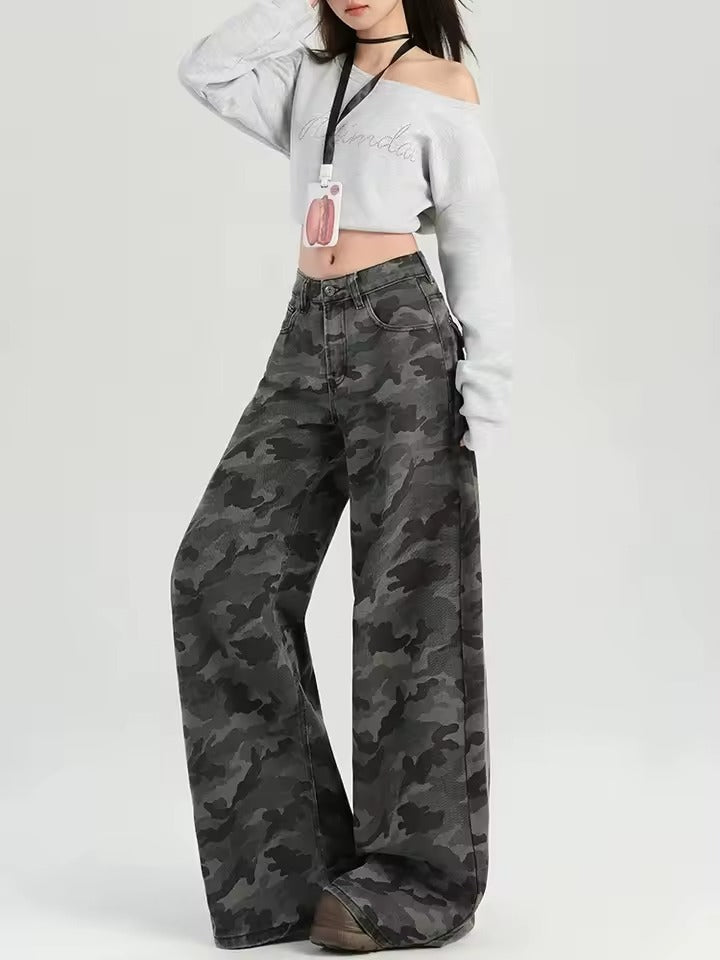 Paige Denim Jean Camouflage Haute Taille Coupe Évasée Fluide Jambes Longues Pour Style Décontracté Quotidien