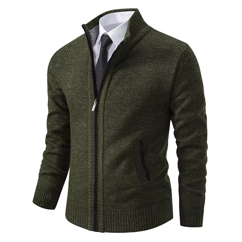 Cardigan Homme Doublé Polaire Avec Col Montant À Fermeture Éclair Chaud Pour Automne Et Hiver Décontracté