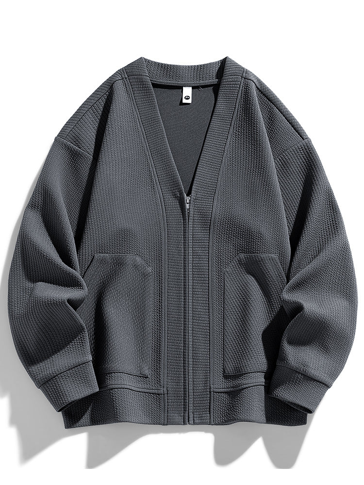 Cardigan Zippé Oversize En Mélange Coton Texturé, Silhouette Décontractée Et Drapée, Fermeture Éclair Moderne