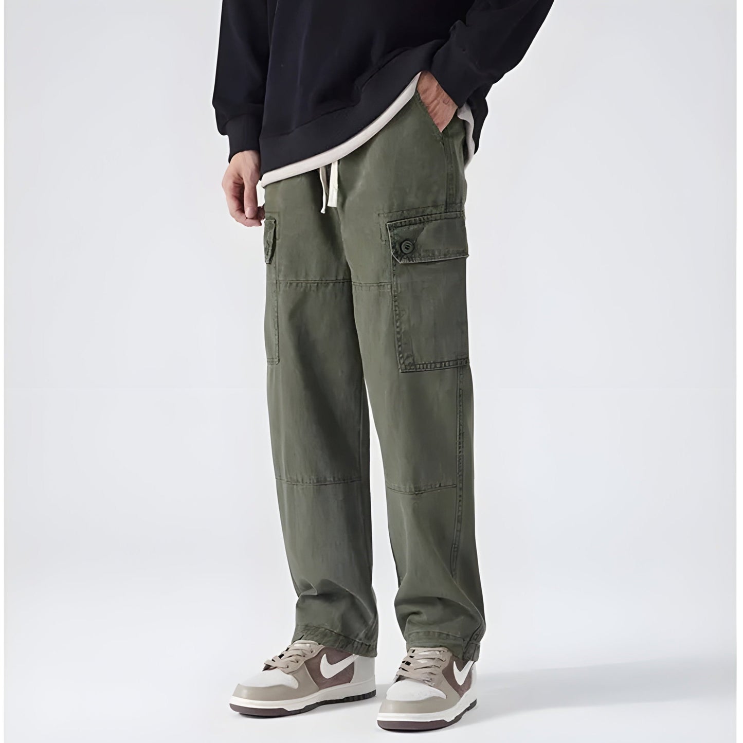 Darson Pantalon Cargo Coton Respirant Couleur Lavée Coupe Droite Ample Poches Cargo Cordon Serrage Genou Patch