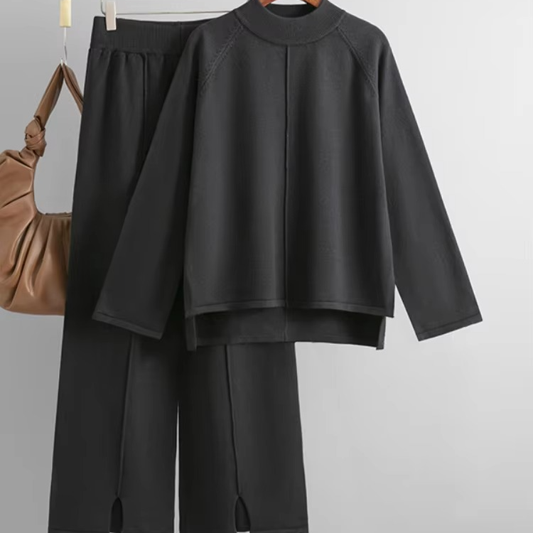 Ensemble Deux Pièces Pull Confort En Maille Et Pantalon À Jambe Large Pour Femmes Chaud Et Élégant