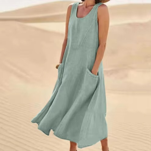 Robe Maxi Sans Manches En Coton Lin Avec Poches Pour La Plage, Coupe Décontractée, Tailles S À 5XL Amawinc