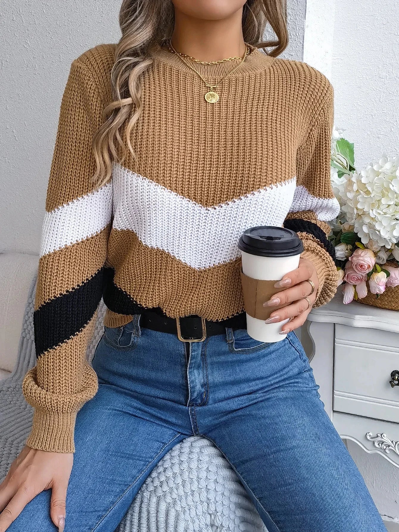 Grace Col Roulé En Cachemire Pour Femme Hiver Avec Motif Chevron Audacieux Et Blocs De Couleurs