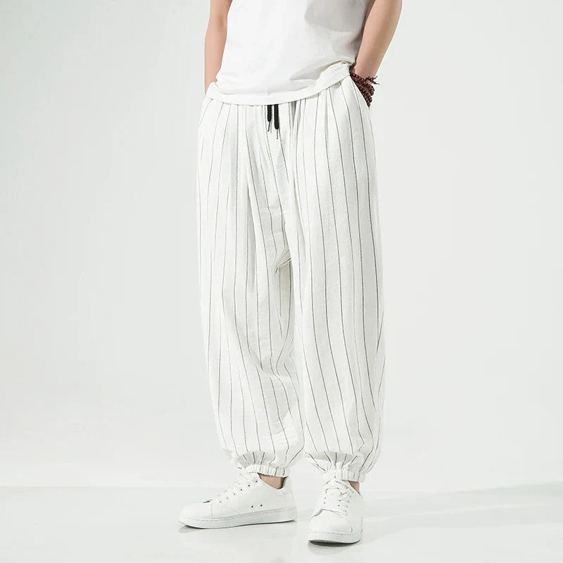 Amawinc Pantalon Homme Coton Premium À Rayures avec Détails Pinstripe et Ceinture Élastique