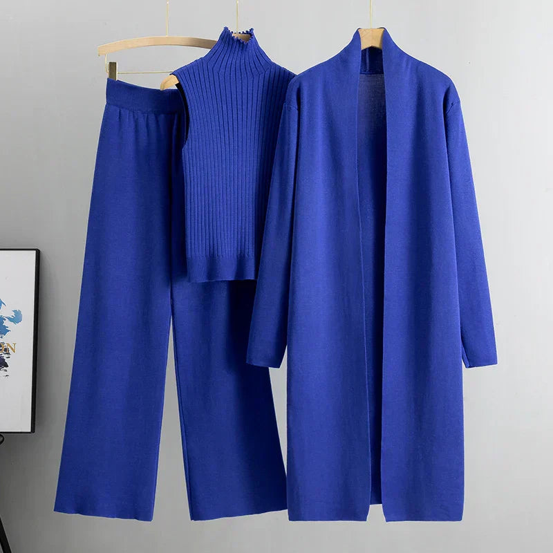 Ensemble Cardigan Trois Pièces Pour Femmes Jessica Pantalon À Jambe Large Et Haut Sans Manches Côtelé