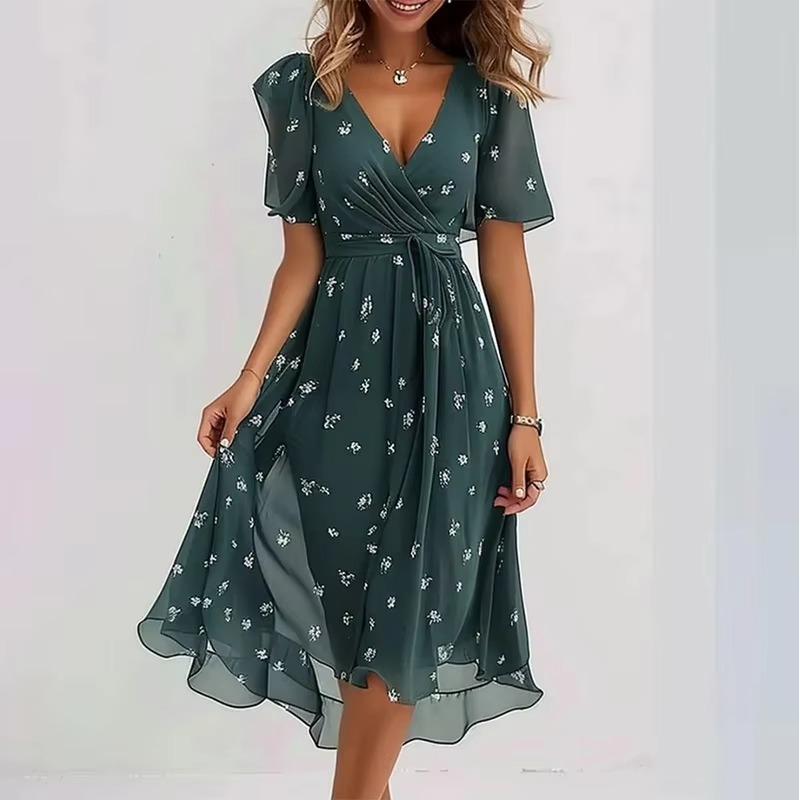Robe Été Décontractée À Encolure V Imprimé Floral Ample Pour Femme Manches Courtes Confortable Et Respirante