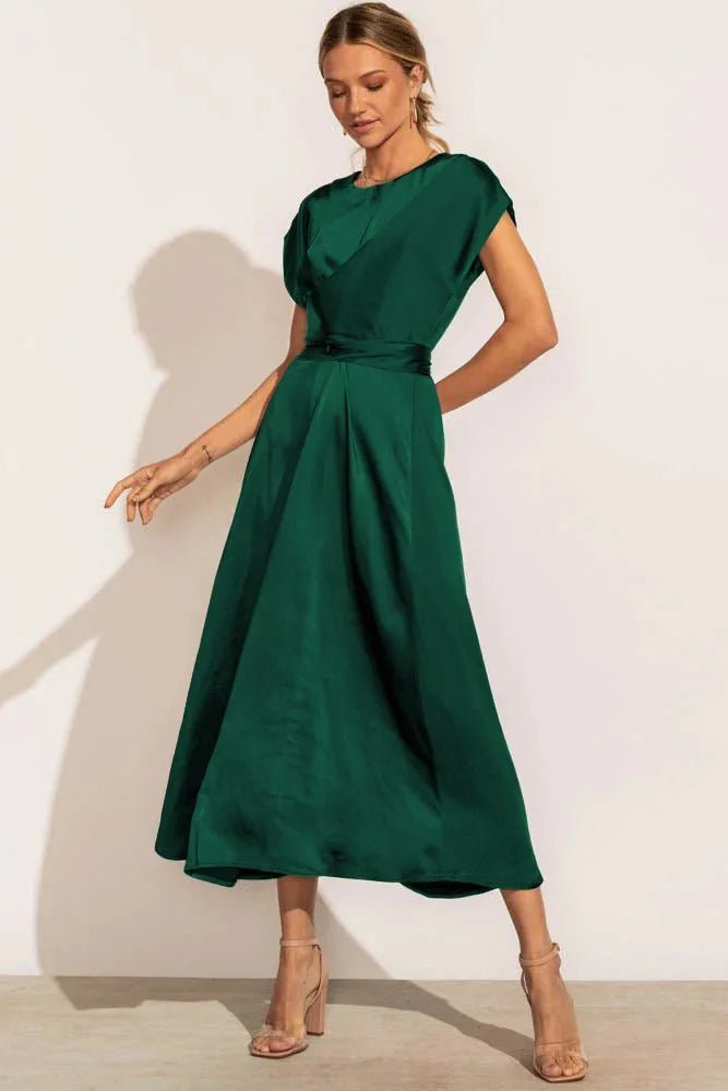 Robe Midi Femme Satinée Décolleté en V Cache Coeur Élégante Ligne A Chic Pour Journées Et Soirées
