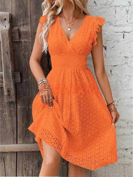 Amawinc Lily Robe d'Été à Encolure V Confortable et Légère Détail Ajouré Élégant Décontractée