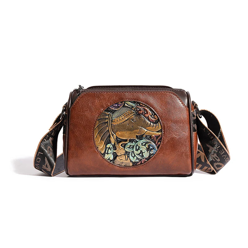 Amawinc Sac Bandoulière En Cuir Embossé Éléphant Symbole De Chance De Force Et De Sagesse