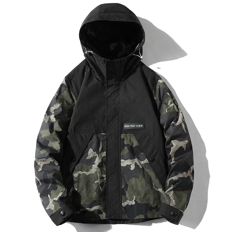Veste Split Camouflage Dépareillée Techwear Japonais Avec Col Montant Et Capuche Ajustable