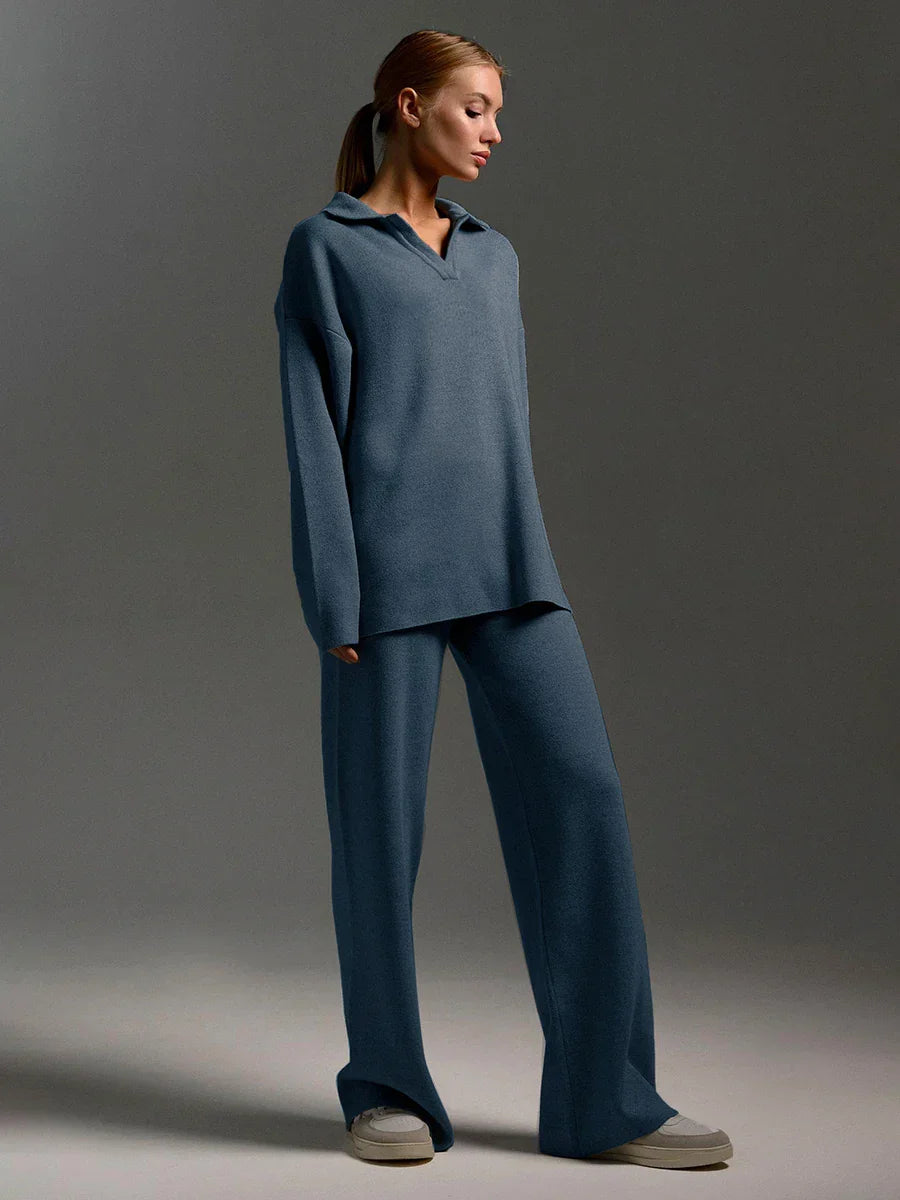 Ensemble Coordonné Tricot Confortable Avec Polo À Manches Longues Et Pantalon Large Tricoté