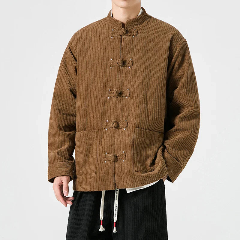 Manteau Imperial En Velours Côtelé Avec Fermeture Grenouille Brodée Et Coupe Oversize Élégante Pour Hiver
