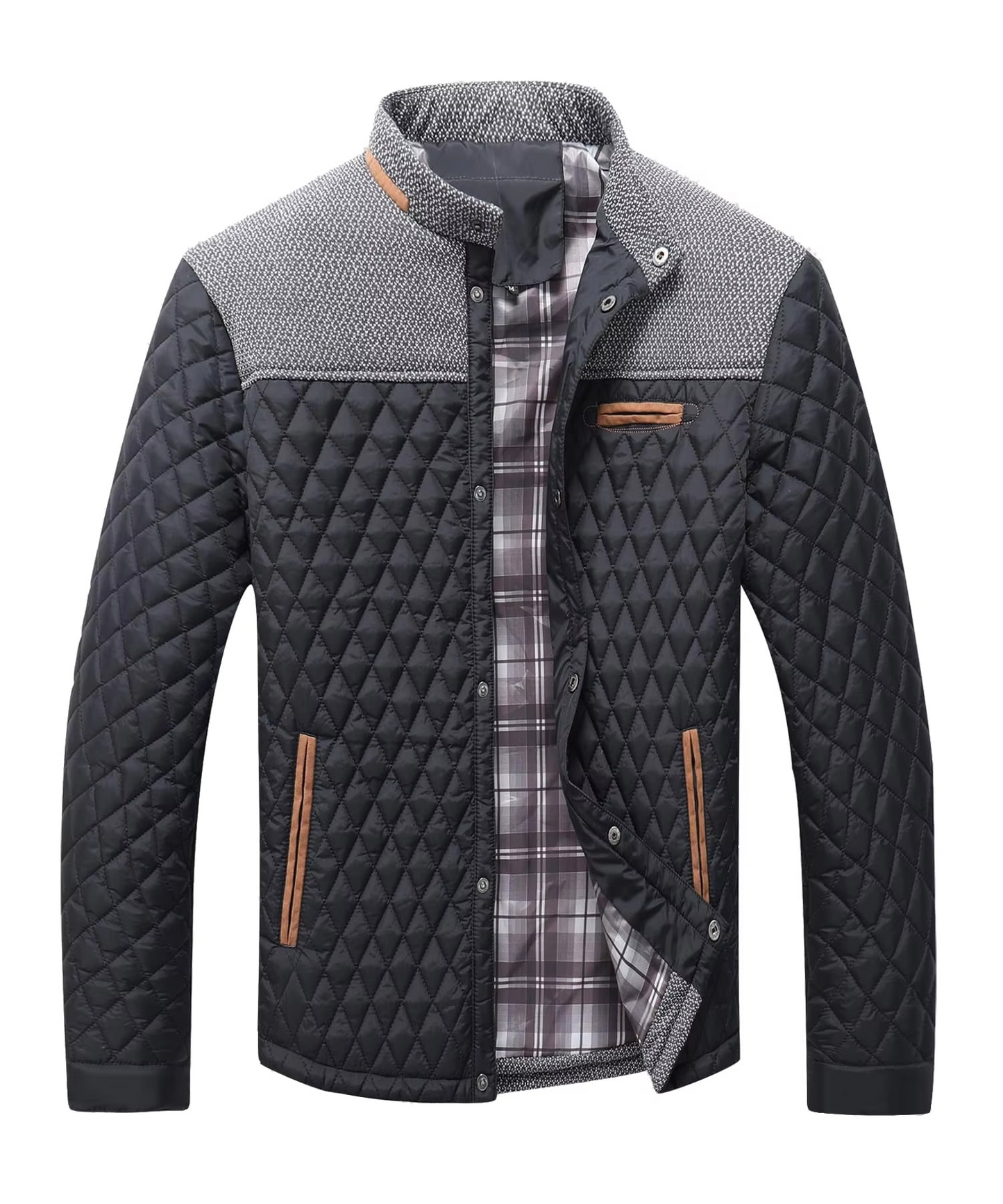 Amawinc Veste Bomber Matelassée Légère À Motif Diamant Avec Empiècement Gris Contrasté Et Poches Pour Hommes