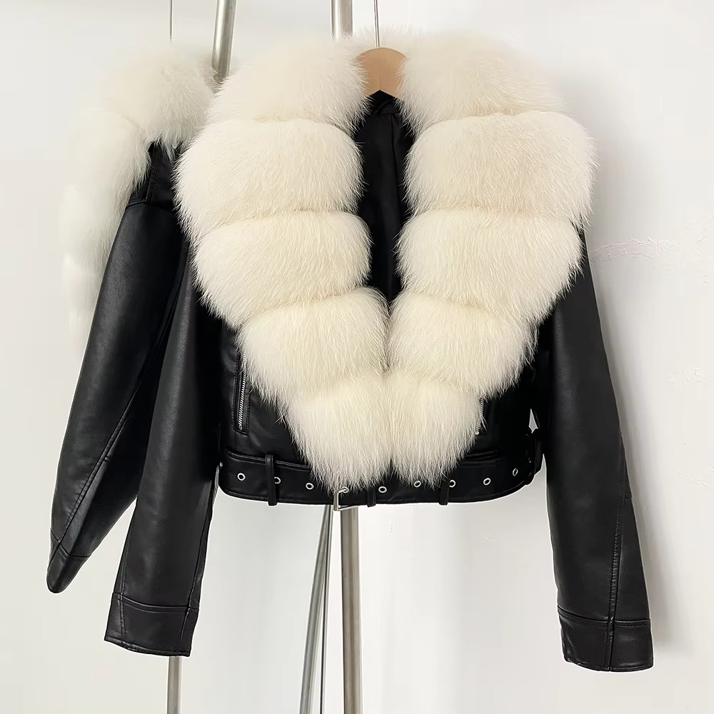 Manteau Femme en Cuir Synthétique avec Col en Fourrure Fausse Élégante Chaleur pour la Saison Froide