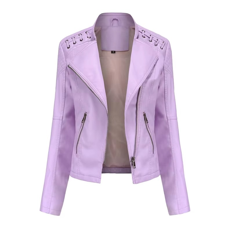 Veste Moto Femme En PU Cuir Court Slim Avec Fermeture Éclair Polyvalente 12 Couleurs