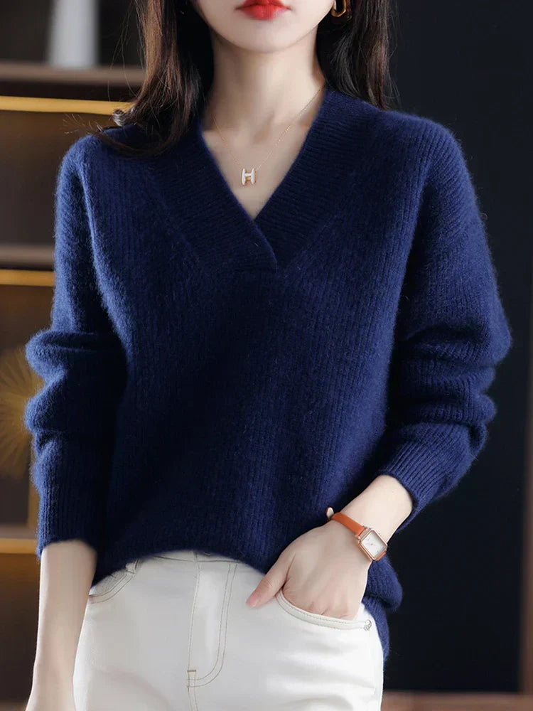 Pull Femme En Maille Douce Col V Décontracté Bordures Côtelées Nordisk Flair Confort