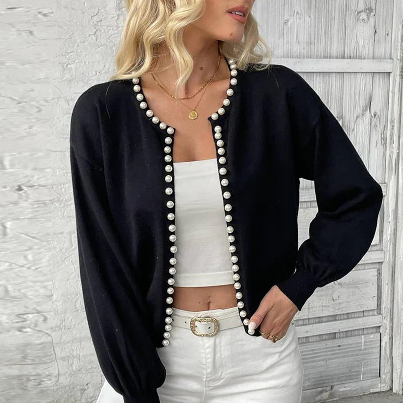 Cardigan En Maille Douce Bordé De Perles Col Rond Décontracté Jacquard Feuilles Tonal Pour Superposer