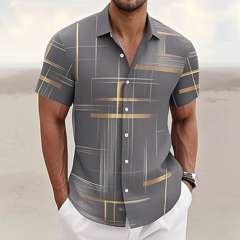 Chemise Homme Manches Courtes À Carreaux Géométriques 3D Boutonnée Pour Style Décontracté Moderne Amawinc