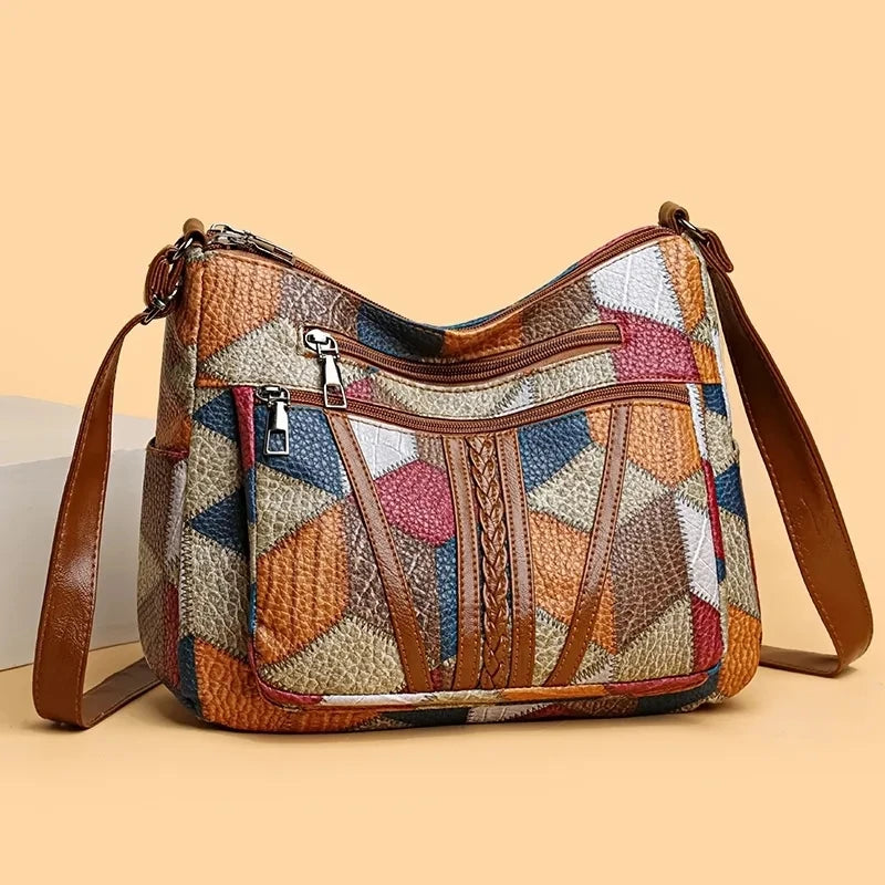 Amawinc Sac Bandoulière Patchwork Multicolore en Cuir Végan Avec Compartiments Pratiques
