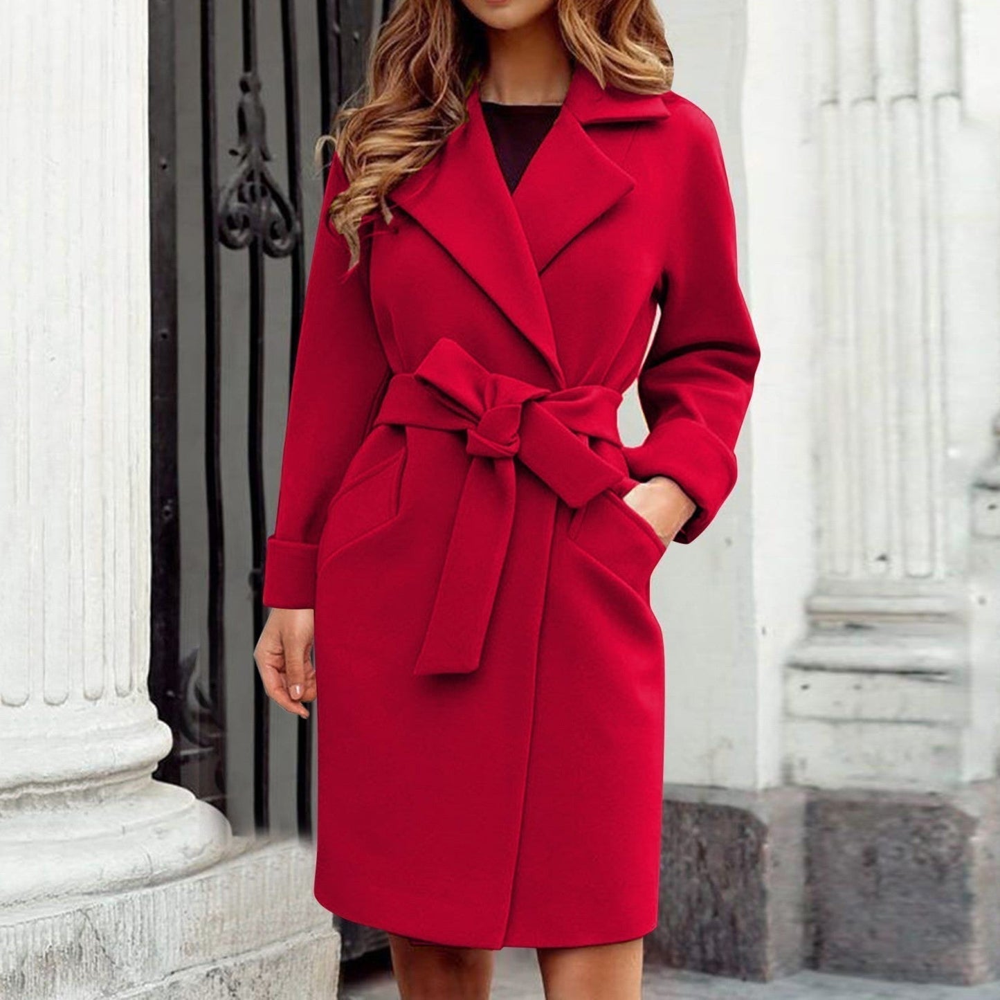 Trench Femme Longueur Genou en Mélange Laine Cachemire avec Ceinture à Nouer Coupe Classique