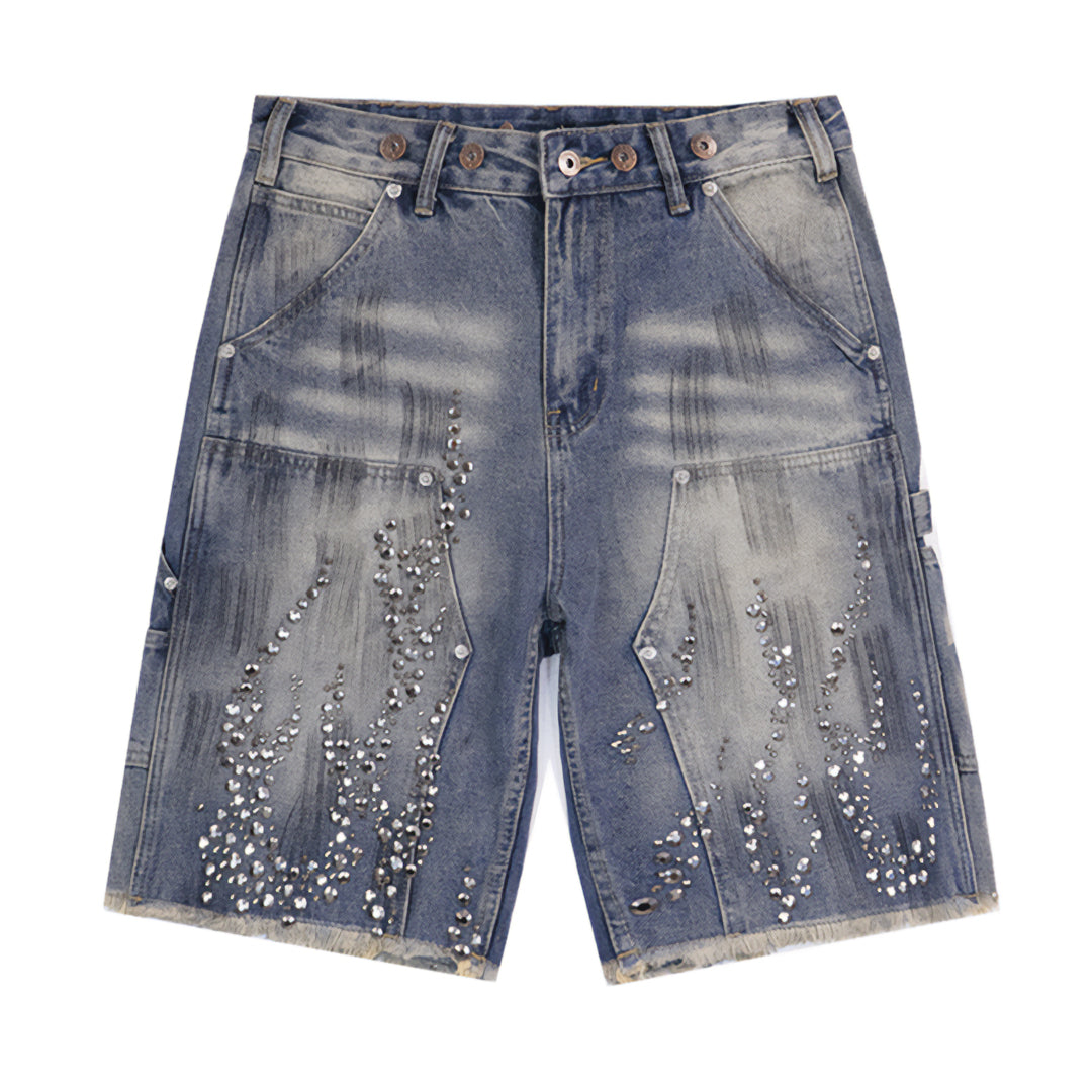 Shorts En Jean Avec Flammes En Strass Et Poches Pratiques Style Carpenter À Coupe Large