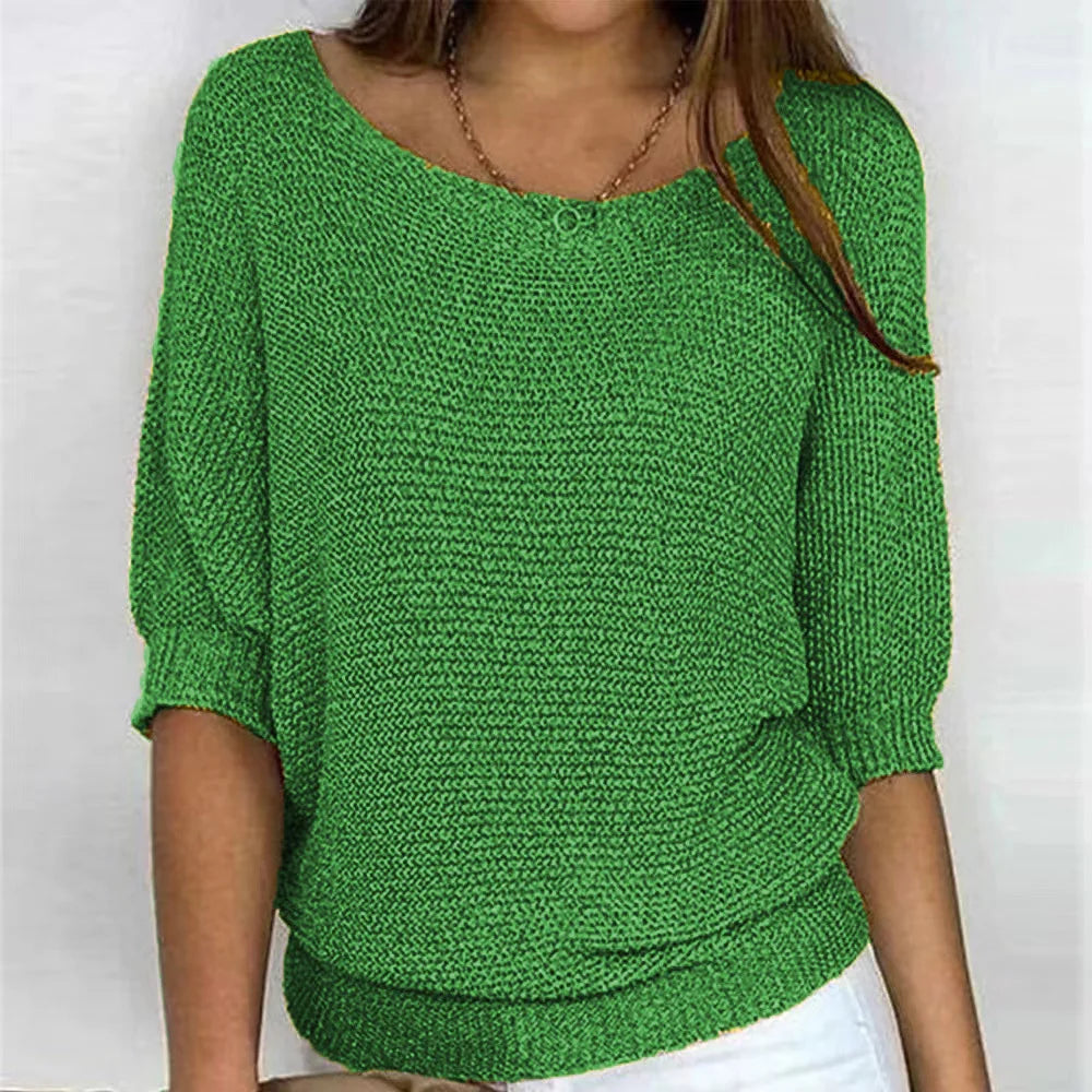 Pull Femme En Maille Décontracté Col Rond Manches Trois Quarts Doux Et Confortable Pour Tous Les Jours