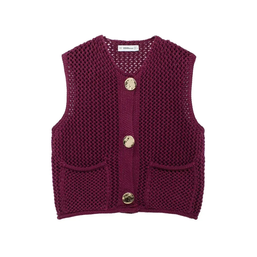 Gilet En Maille Texturé Respirant Facile À Superposer Avec Boutons Oversize Et Poches Profondes