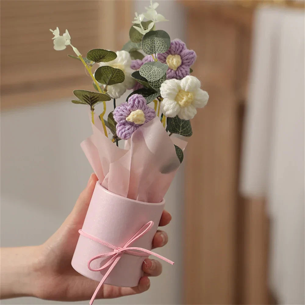 Bouquet De Fleurs Tricotées Velmora Fait Main Déco Cadeau Texture Ultra Douce Et Pelucheux