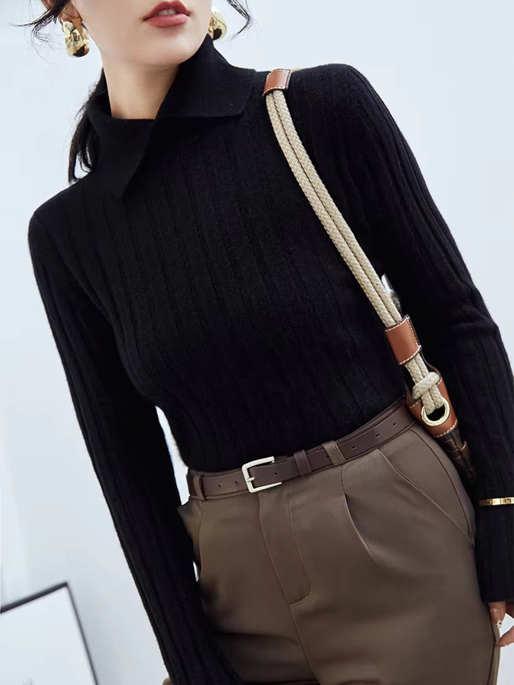 Polo Femme Helga Élégant Col Montant En Maille Côtelée Douce Style Classique Pour Bureau