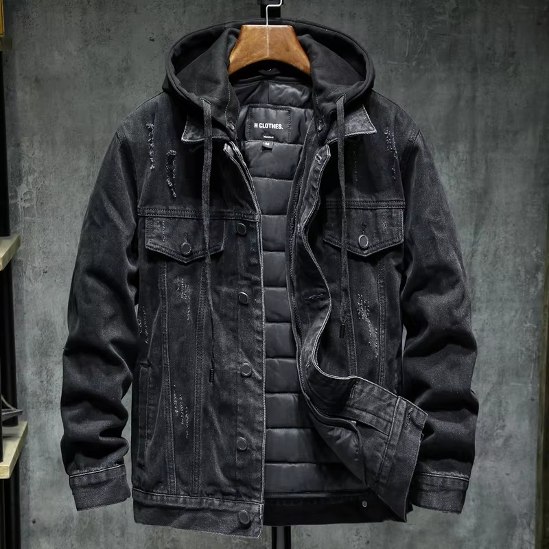Veste En Jean Noire À Capuche Doublée Intérieure Chaude Pour Homme Hiver Grandes Tailles Jusqu'au 5XL