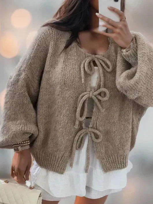 Jasmine Cardigan Tricoté Épais Hivernal Pour Femme Avec Nœud Devant Confortables