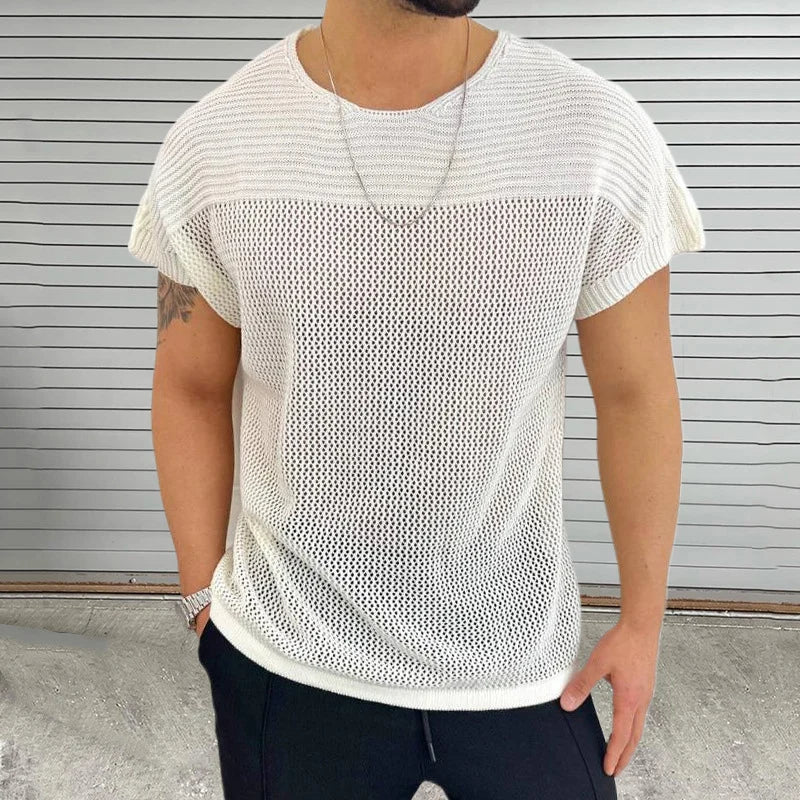 Amawinc Tee Shirt Maille Mesh Vibe Col Rond Pour Homme Respirant Léger Streetwear Été Confortable