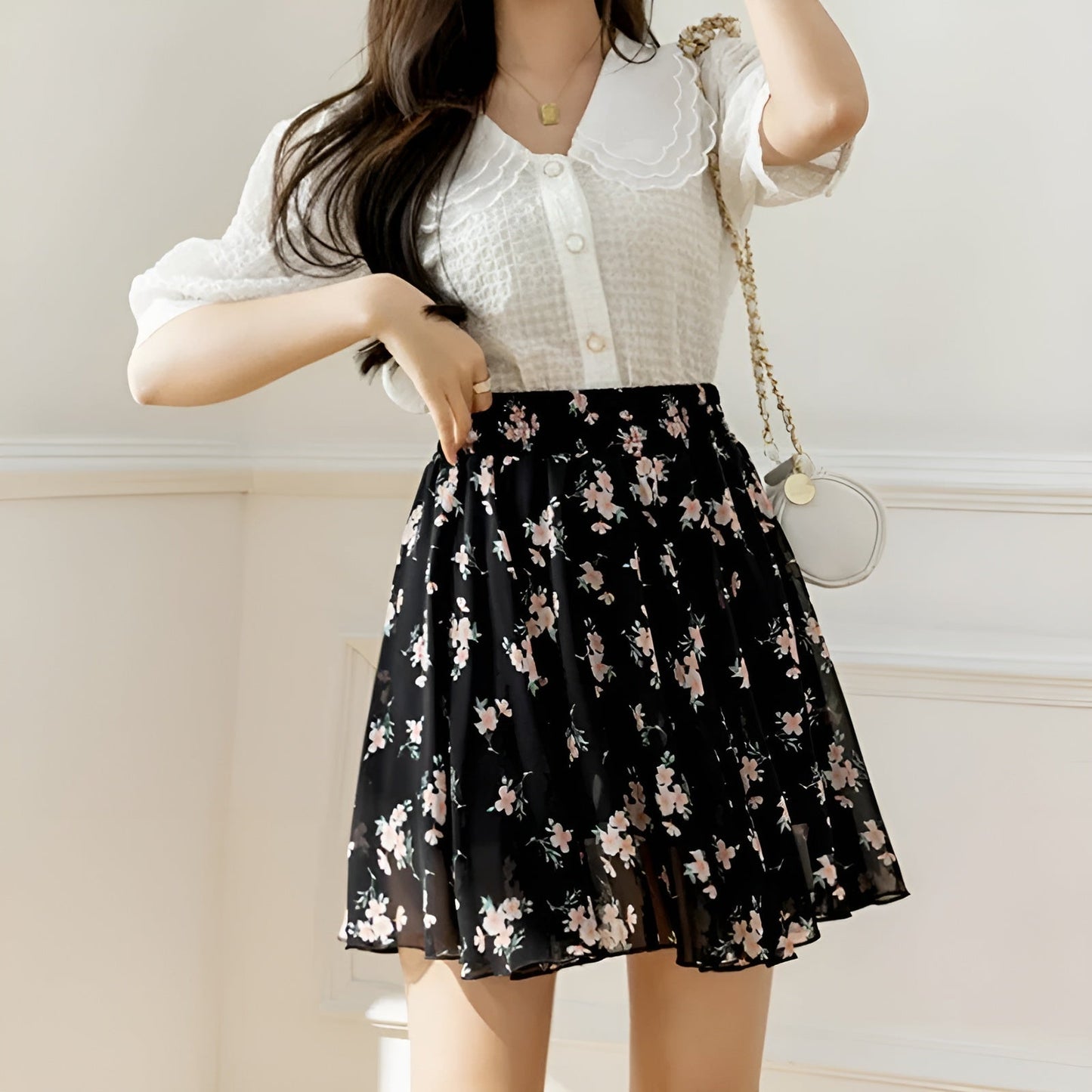 Jupe Mini Imprimé Fleurs En Chiffon À Taille Haute Plissée Douce Et Flottante Légère