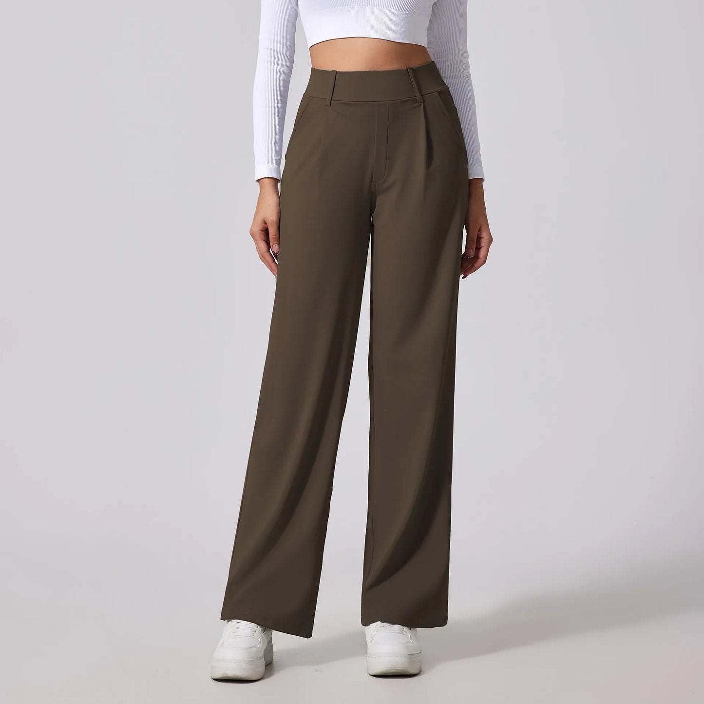 Pantalon Slacks Mono Line Haute Taille À Drapé Fluide Avec Poches Latérales Profondes
