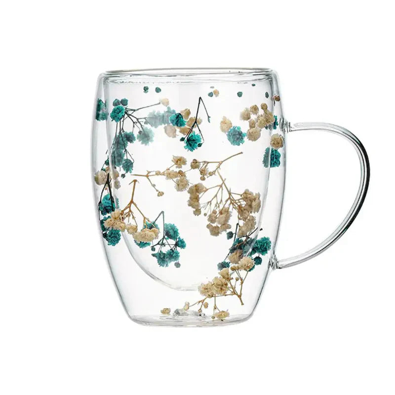 Mug En Verre Double Paroi Liora Petal Design Délicat Fleurs Séchées 350 Ml Pour Café Thé Chocolat Maison Bureau