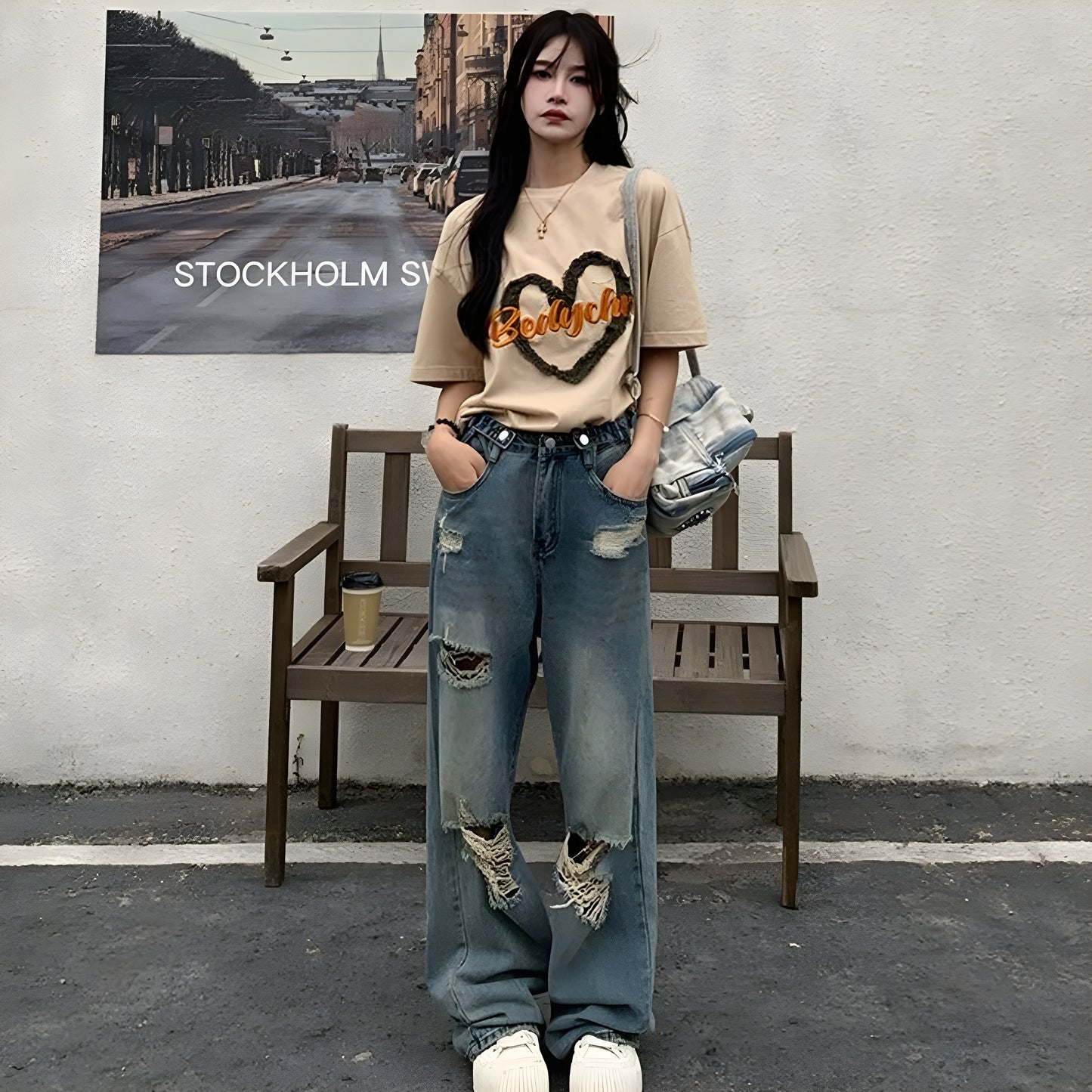 Jeans Déchirés En Denim Vintage Lavé Clair Taille Haute Cintrée Look Streetwear Décontracté