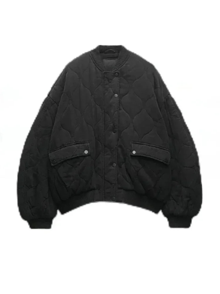 Veste Bomber Matelassée Décontractée Avec Fermeture Boutons Et Zip Col Rond Tissu Chaud