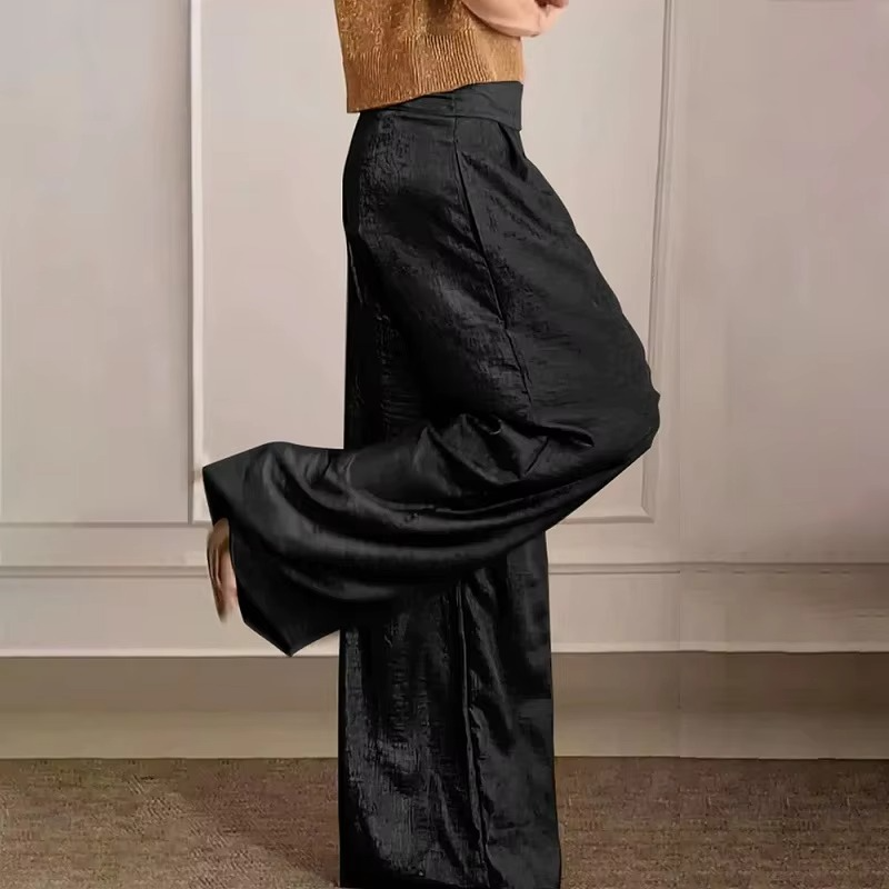 Pantalon Métallique Printemps À Taille Haute À Jambes Larges Pour Femmes Avec Finition Brillante