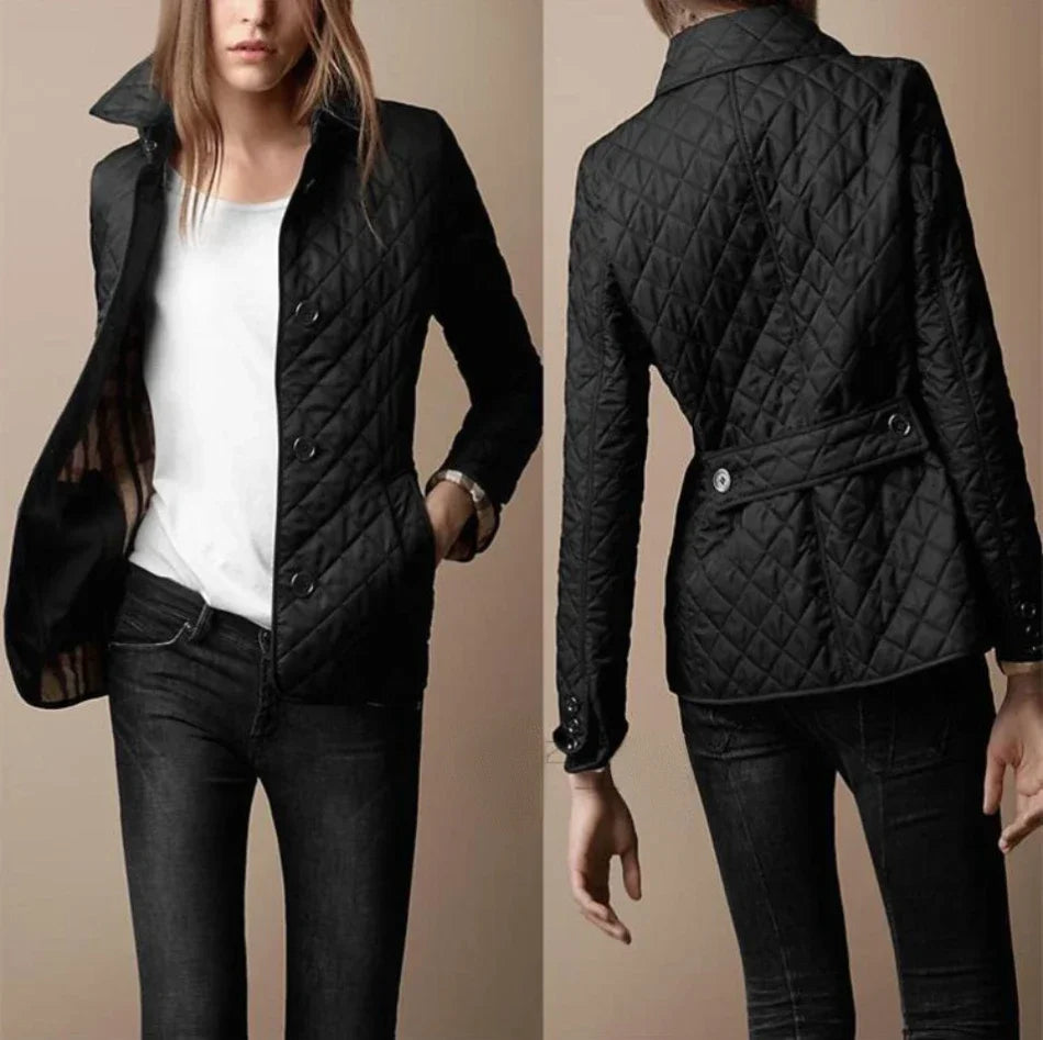 Veste Matelassée En Coton Pour Femme Motif Diamant Coupe Slim Boutons Classiques Détails Contrastés Aux Manches Amawinc